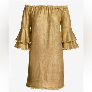 NWT Boston Proper Linen Off the Shoulder Gold Shimmer Shift Dress size M